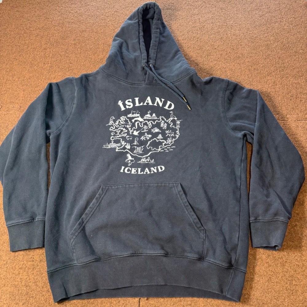 Island Iceland Map Graphic Hoodie Mens Large Navy Blue Souvenir Sweatshirt